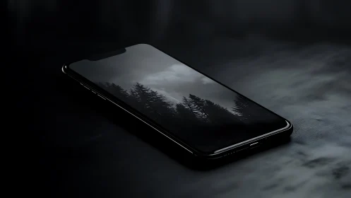 Smartphone displaying stormy forest landscape on dark surface.