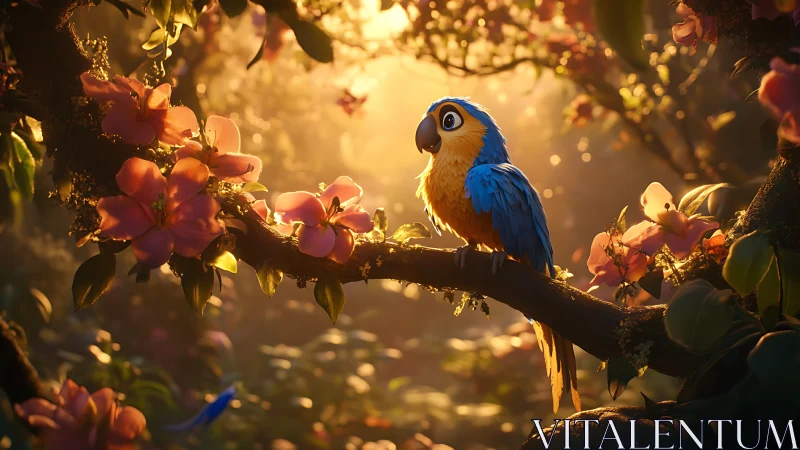 Vibrant blue parrot perched on blooming branch, digital art style.
