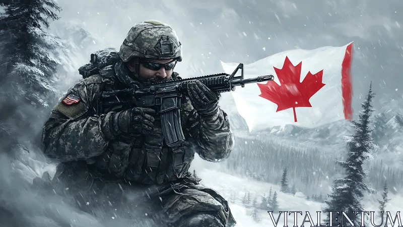 Canadian Soldier Defending Winter Terrain with National Pride