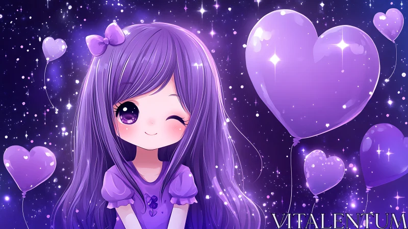 Purple anime girl with long hair and glowing heart balloons.