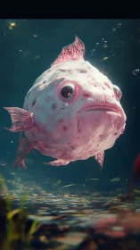 Plump pink deep‑sea fish rendered in cinematic 3D lighting.