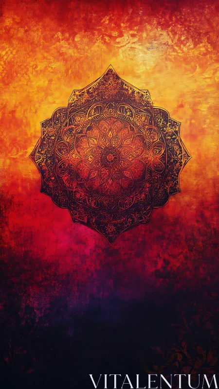 Radiant mandala ornament over fiery textured gradient.