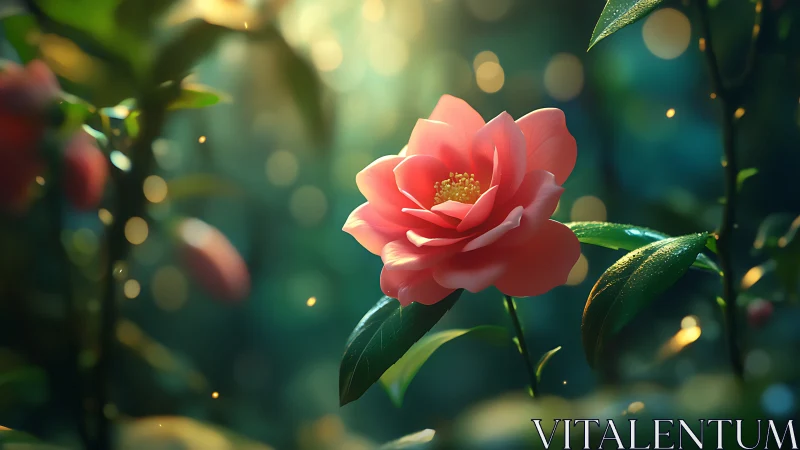 Coral Rose in Sunlight with Golden Bokeh Background.