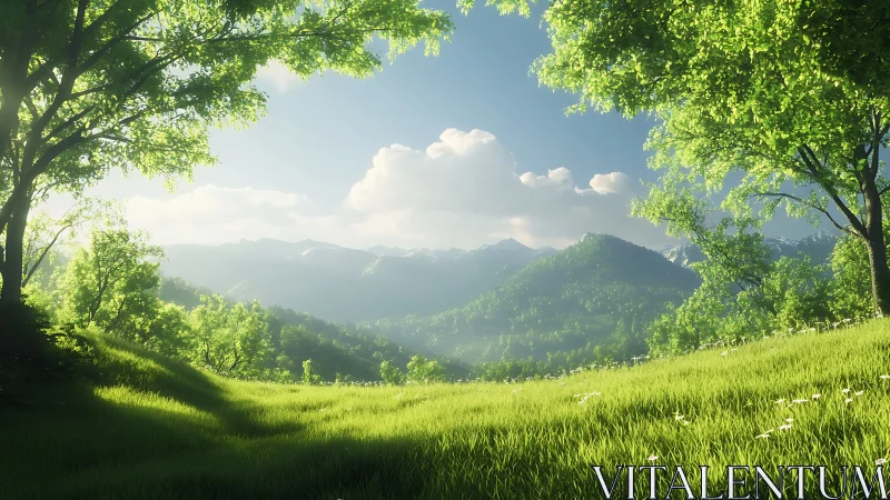 High dynamic range valley landscape with volumetric sunlight gradients