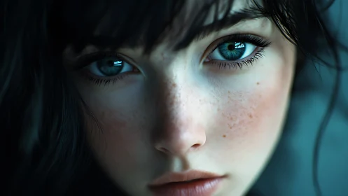 Close digital portrait of freckled girl with teal eyes.
