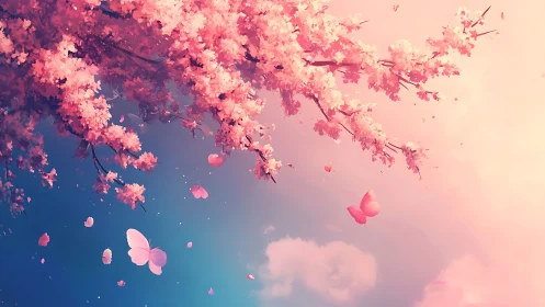 Petal-bright cherry branches and drifting butterflies dreamscape.