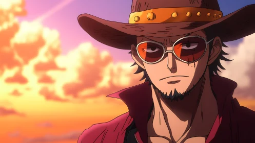 Sunset-lit outlaw in hat and tinted glasses, anime portrait.