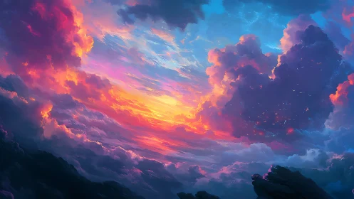 Radiant storm clouds frame a luminous fantasy sunset sky.