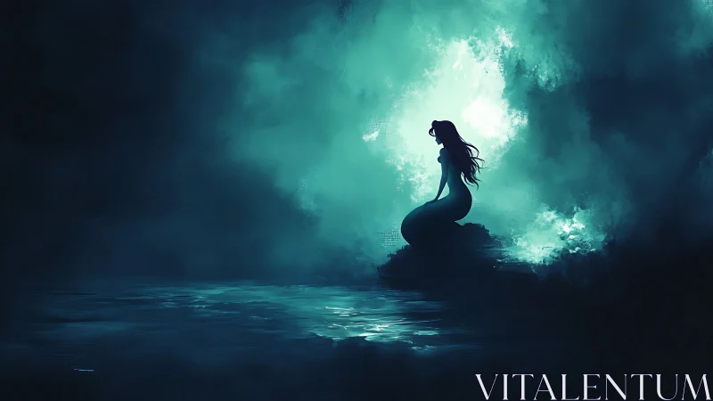 Moonlit mermaid resting in a dreamy ocean glow at night.