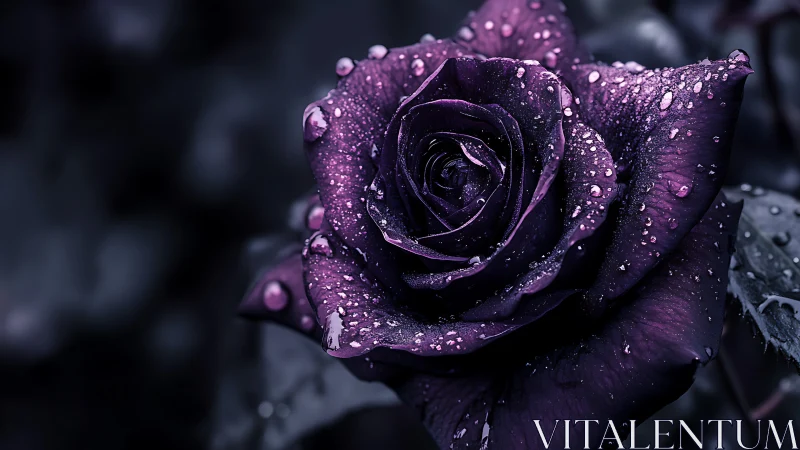 Velvety purple rose in macro detail with luminous dew droplets.