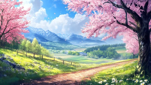 Spring valley landscape with cherry blossoms and alpine range
