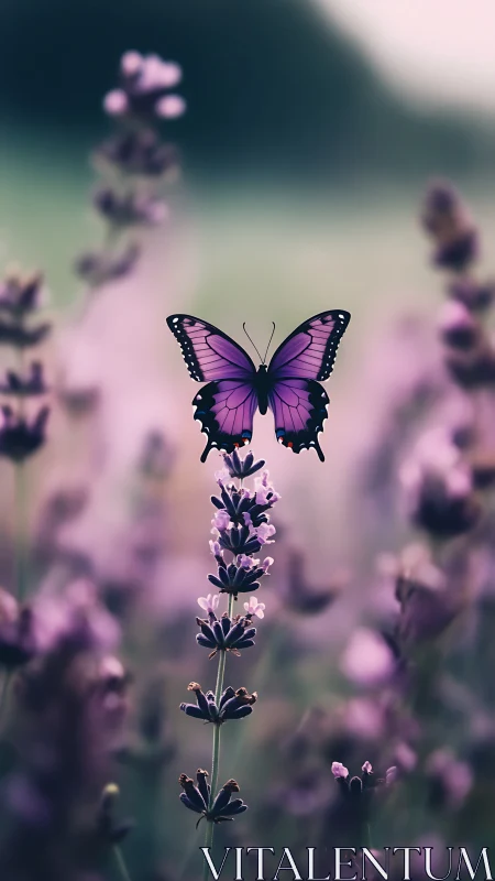 Lavender dreams and a violet butterfly at soft twilight.