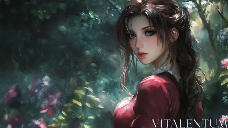 Brunette woman in red dress standing in a sunlit forest.