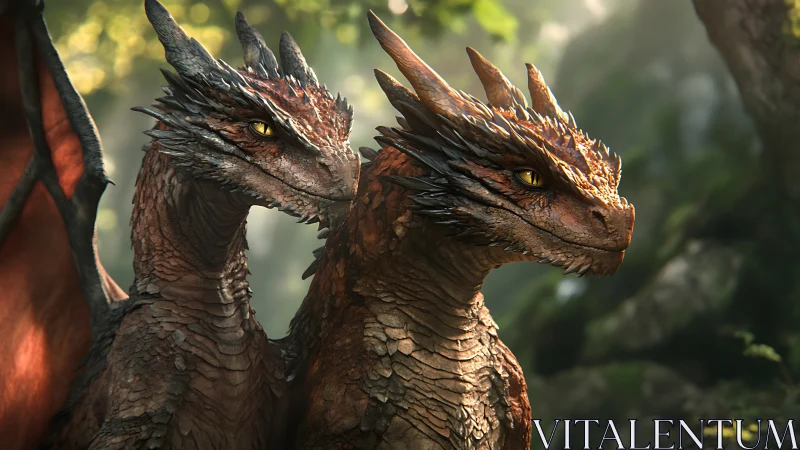 Twin ember dragons rest under filtered forest light.