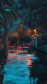 Rain-wet patio glows under blue night and warm lamplight