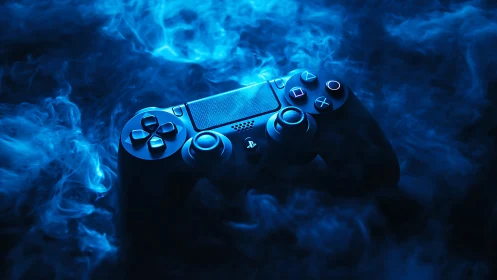 Moody blue game controller glowing in swirling mist.