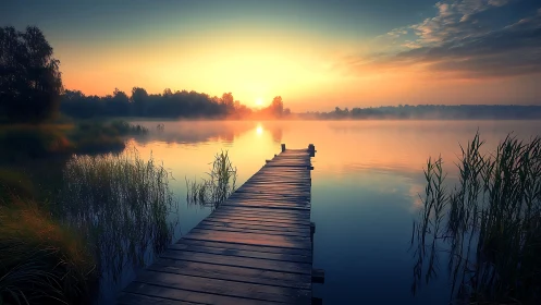 Quiet sunrise over a misty lakeside wooden pier.