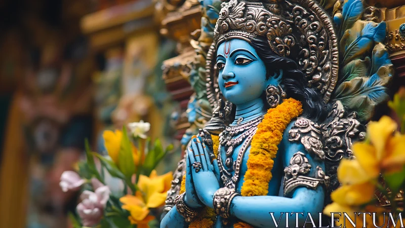 Blue Hindu deity statue with ornate garland and flowers.