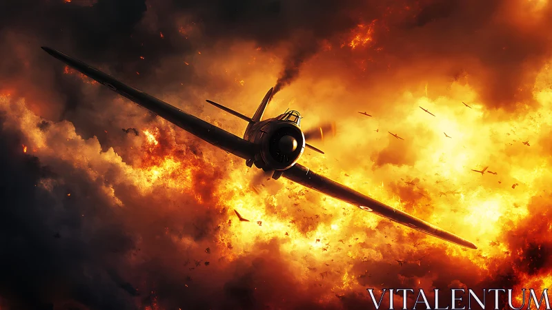 Supermarine Spitfire Silhouette Amidst Explosive Firestorm. Digital.