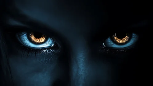 Bioluminescent predator gaze in high-contrast nocturnal closeup.