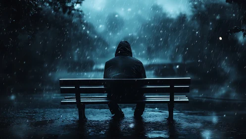 Solitary hooded figure on bench in cinematic night rain.