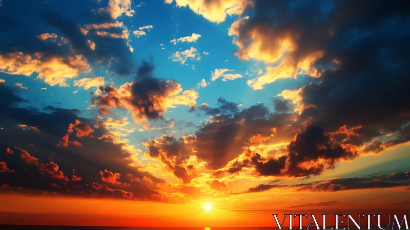 Sunset sky blazes with radiant clouds over tranquil horizon.