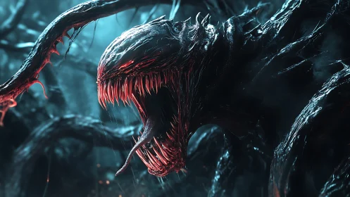 Nightmarish symbiotic creature lunges forward in cold neon light