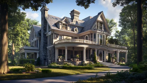 Large Victorian-style mansion with wraparound porch in woods.