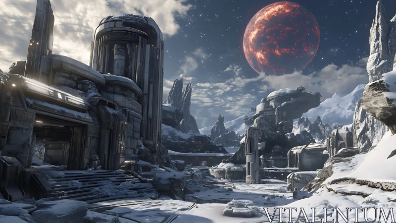 Snow-covered sci fi base stands beneath large red planet
