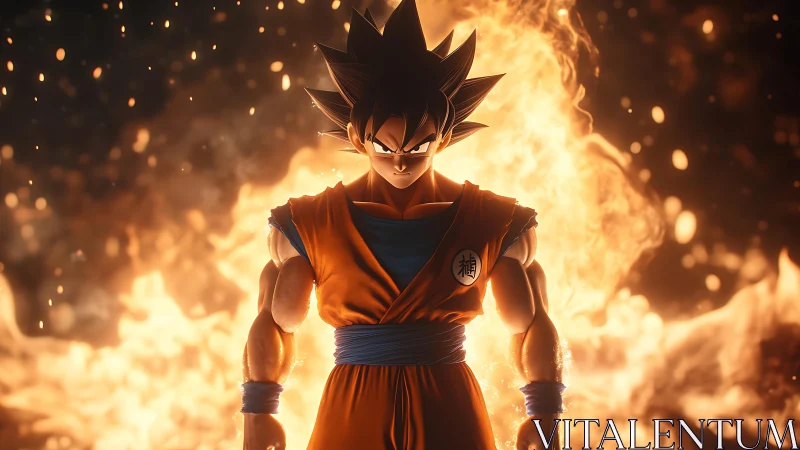 Fiery anime warrior charging up in a blazing aura glow.