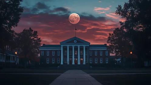 Neoclassical campus building under full moon at dusk.