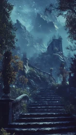 Moonlit stone stairway ascending to misty mountain ruin