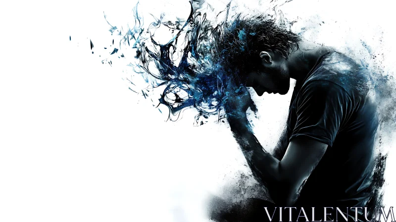 Shattered thoughts erupt as blue inkstorms crown a silhouette.