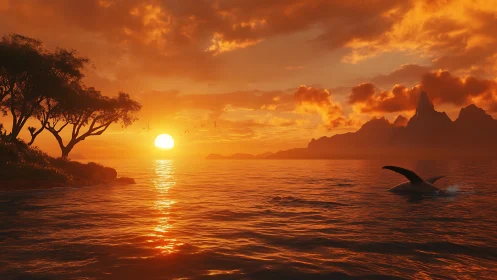 Volumetric sunset seascape with breaching whale and coastal silhouettes.