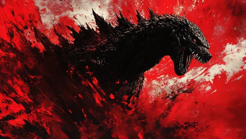 Kaiju silhouette erupts through violent crimson brushstrokes.