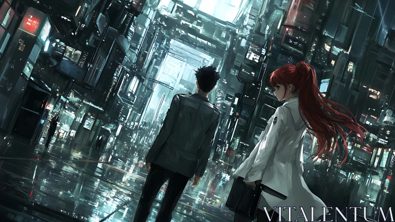 Cyberpunk duo in neon alley with reflective wet pavement.