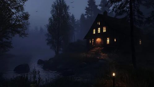 Forest cabin stands lit beside misty lakeshore at night