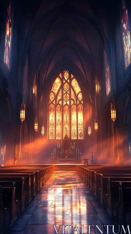 Sunlit cathedral nave glows through radiant stained glass.