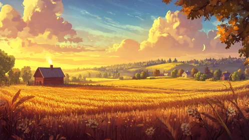 Golden wheat farm landscape under warm sunset light.