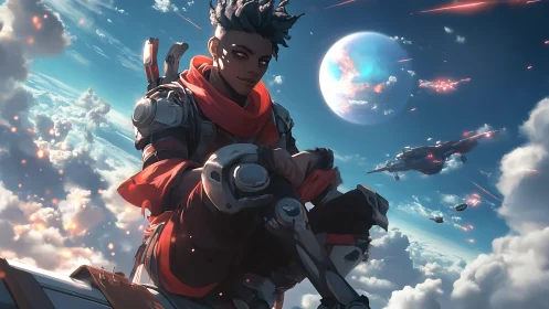 Skybound cyber scout amid starship battle above clouds.