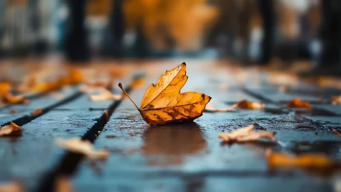 Autumn leaf macro on wet pavement with cinematic depth of field.