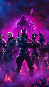 Neon mist combat squad with hooded spectral overlord looming