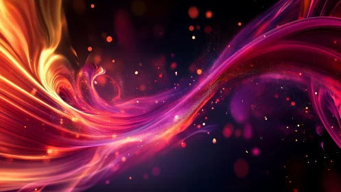 Flowing neon waves with particle dynamics on dark background.