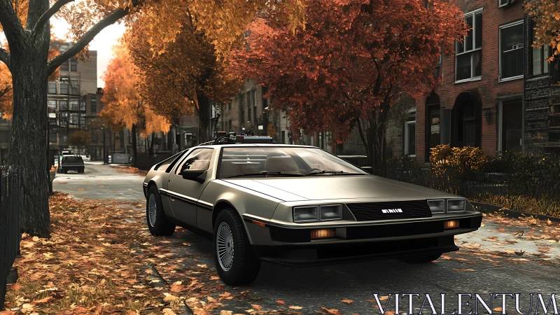 Stainless steel DeLorean coupe parked on urban autumn street