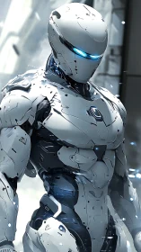 Calm futuristic android hero glowing with gentle blue light.