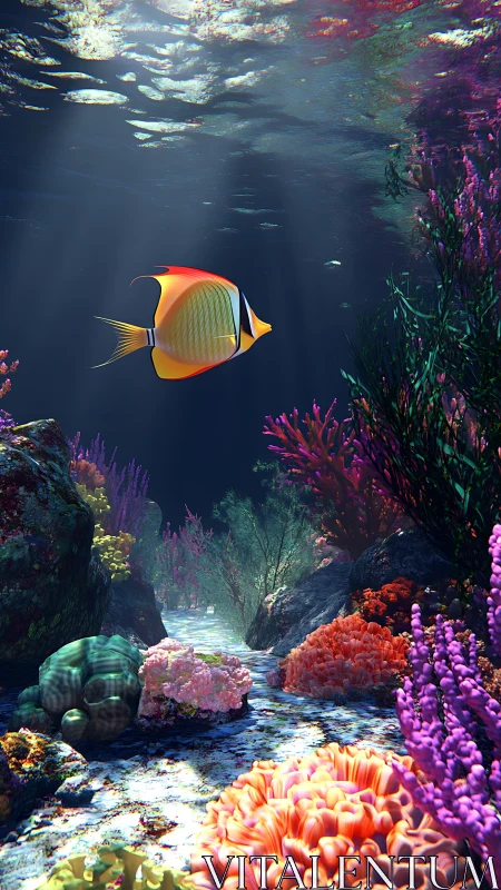 Tropical reef scene with single fish and varied coral formations.