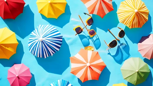 Sunny beach umbrellas and playful sunglasses in bright color.