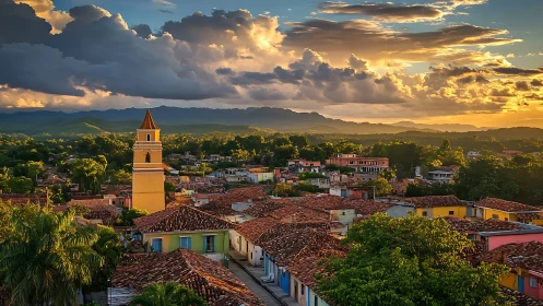 Colonial town skyline under dramatic golden sunset clouds.