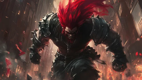 Demonic berserker with red mane storms burning megacity streets.
