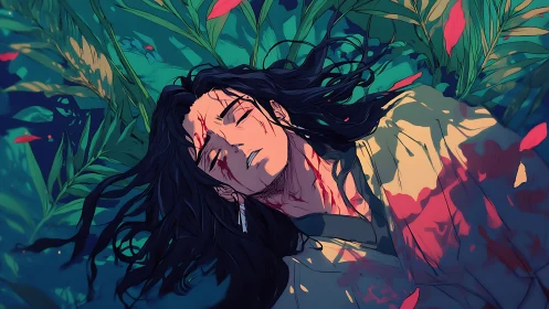 Wounded warrior lies in lush jungle under crimson light.